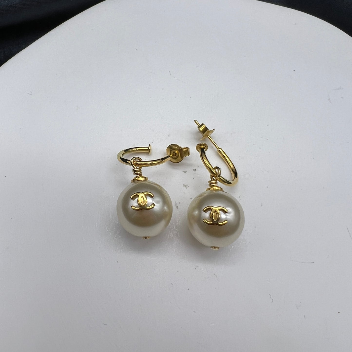 Chanel Vintage Golden Double C Pearl Pendants Earrings