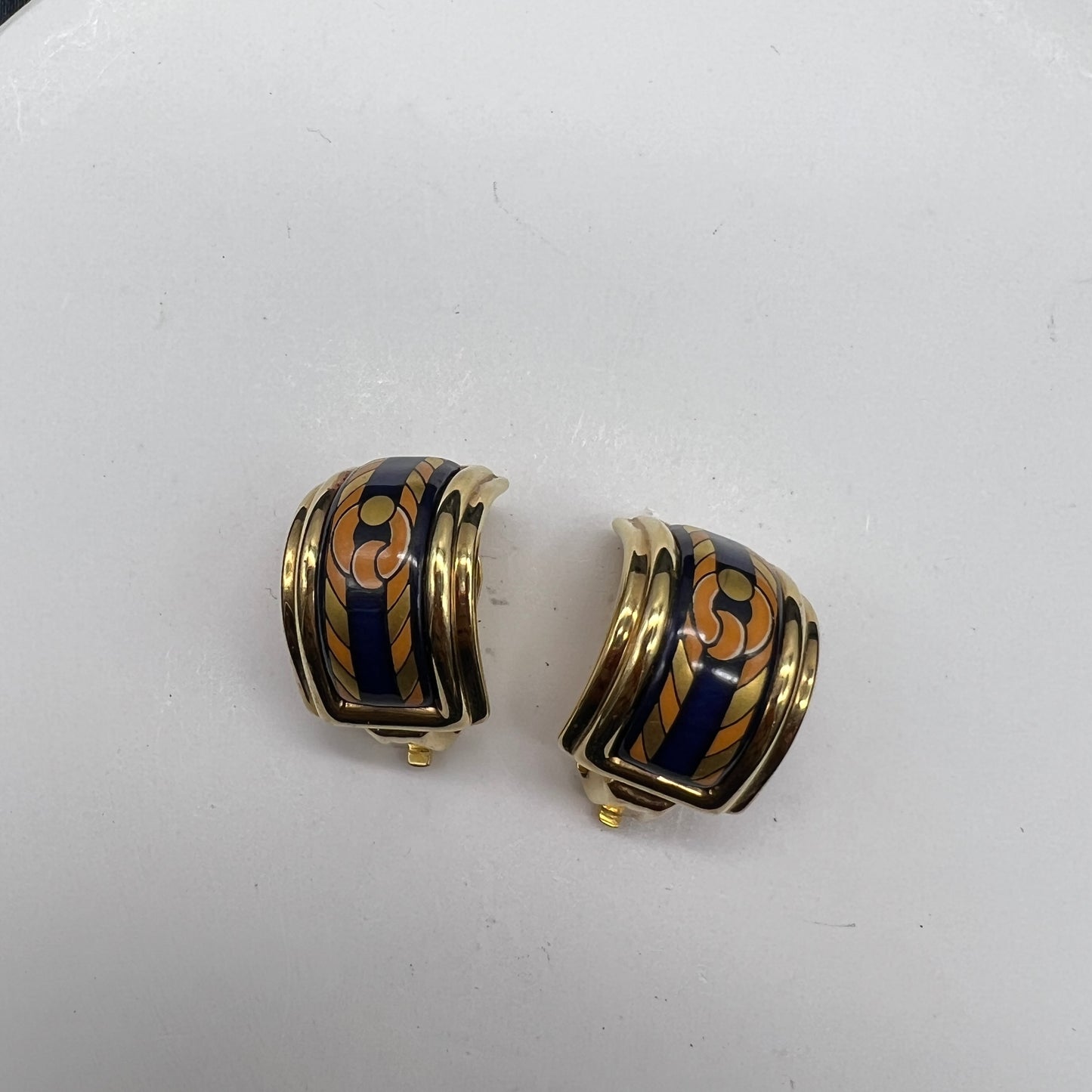 Hermes Vintage Enamelled Blue Color Clip-On Earrings