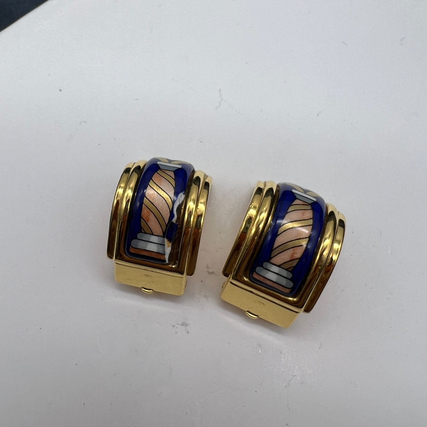 Hermes Vintage Enamelled Blue Color Clip-On Earrings