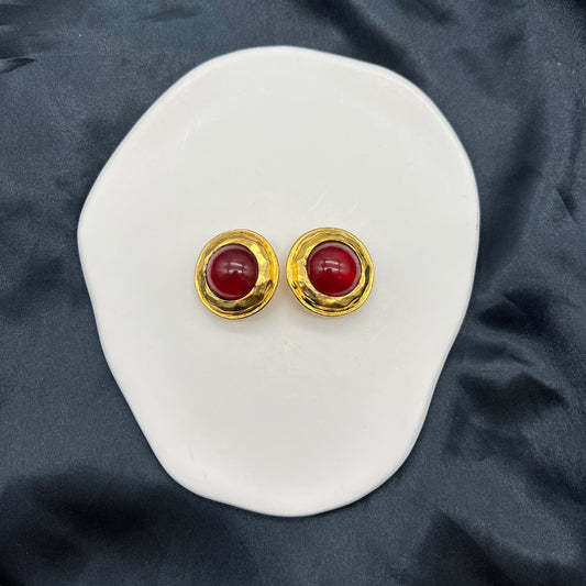 Chanel Vintage Red Stone Golden Circle Clip-On Earrings