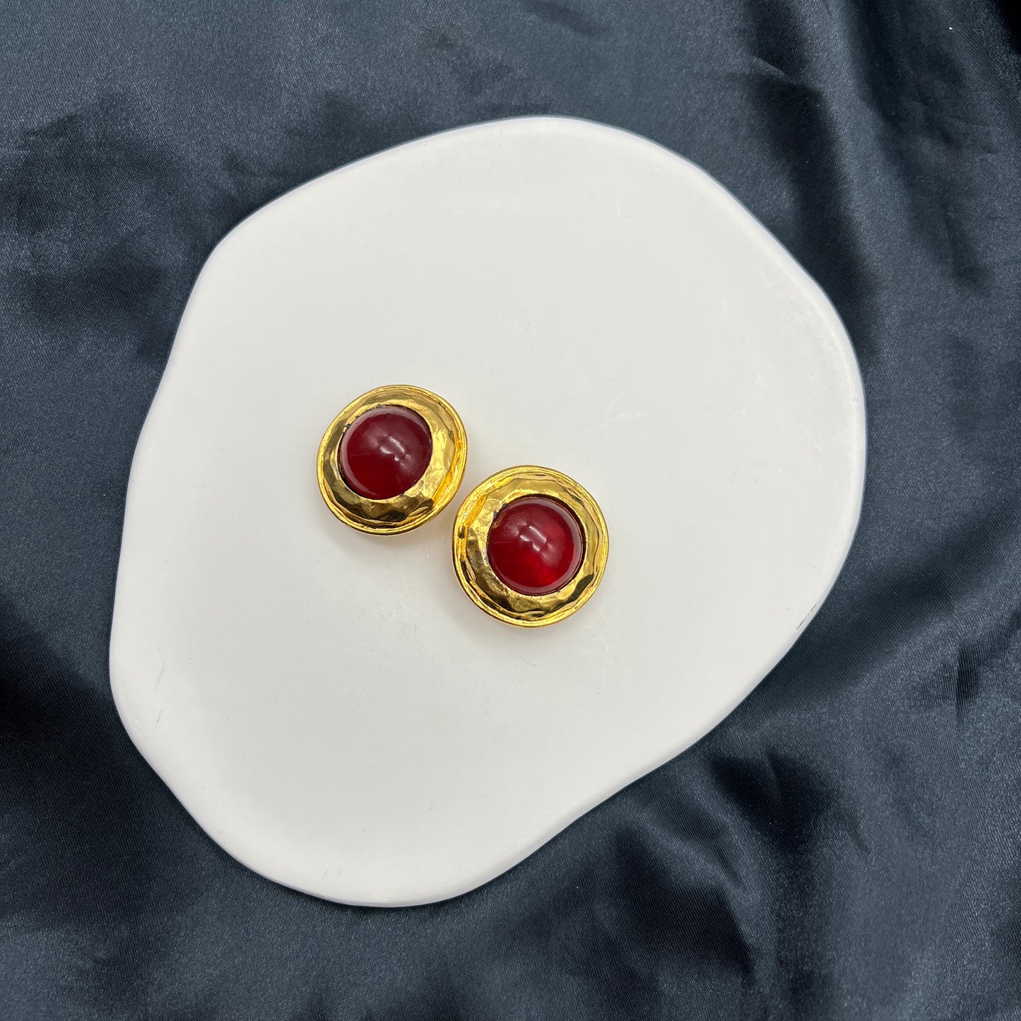 Chanel Vintage Red Stone Golden Circle Clip-On Earrings