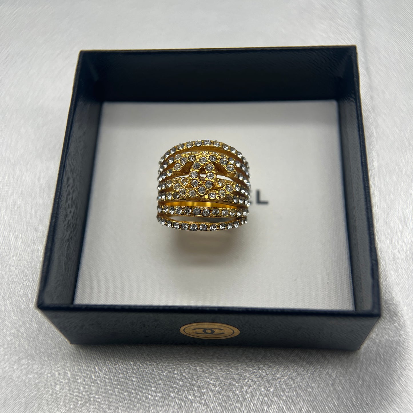 Chanel Vintage Cc Logo With Rhinestone Golden Ring #12.5