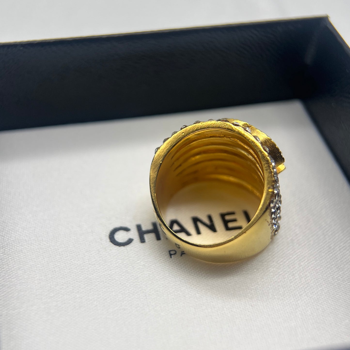 Chanel Vintage Cc Logo With Rhinestone Golden Ring #12.5