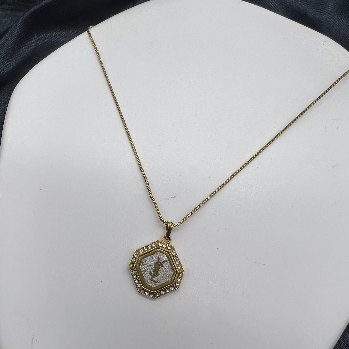 Yves Saint Laurent Vintage Octagon Logo With Rhinestone Necklace