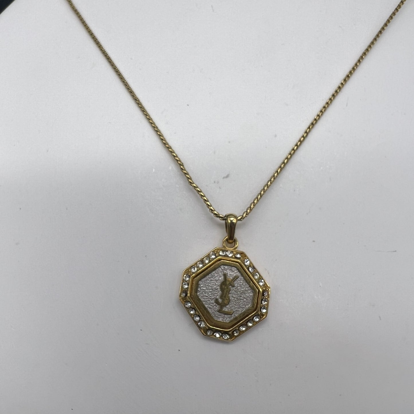 Yves Saint Laurent Vintage Octagon Logo With Rhinestone Necklace