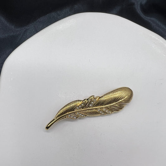 Christian Dior Vintage Golden Feather Shape Rhinestone Brooch