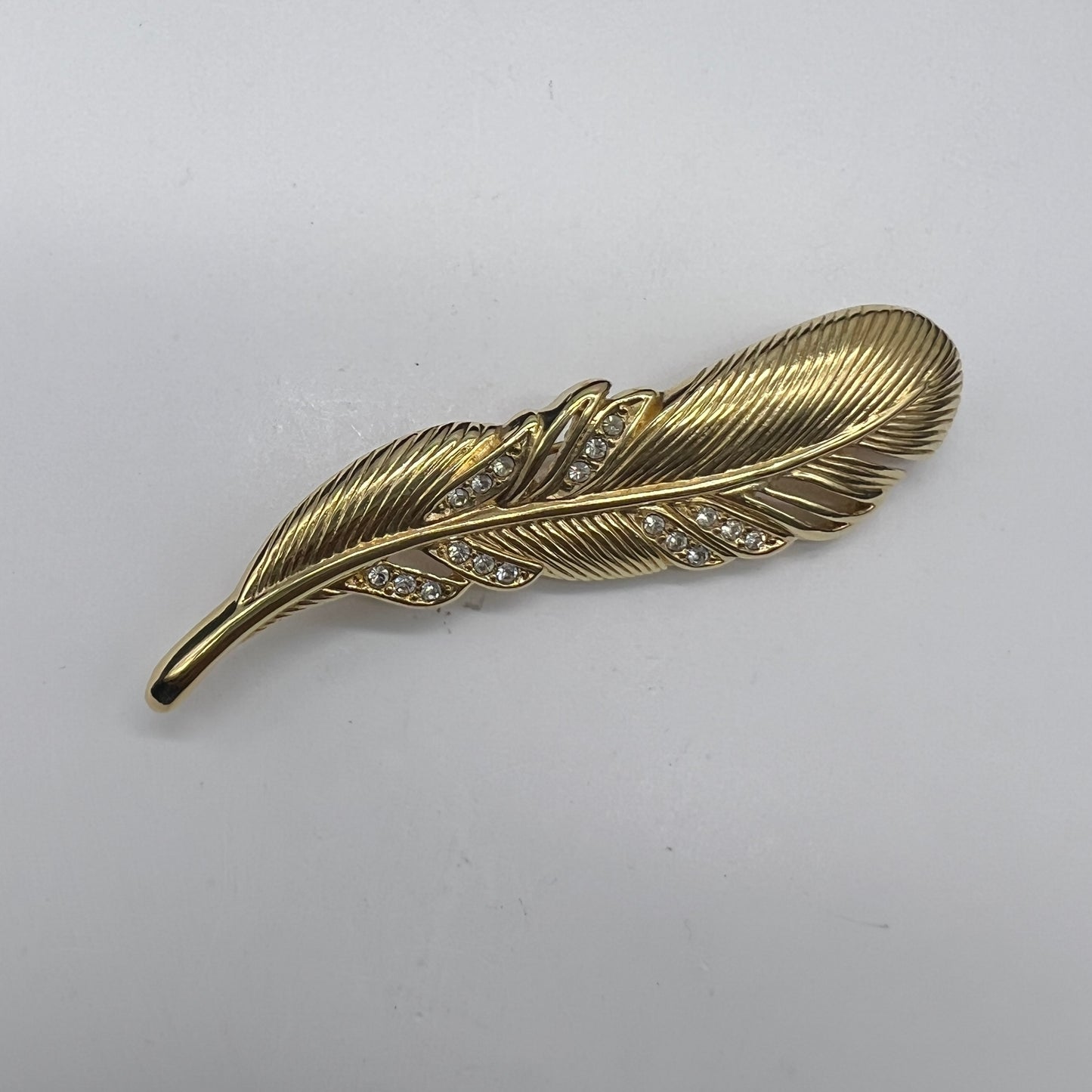 Christian Dior Vintage Golden Feather Shape Rhinestone Brooch