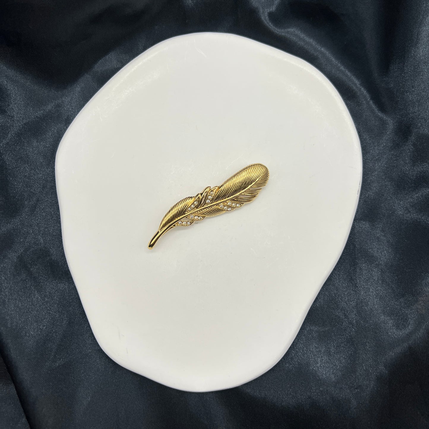 Christian Dior Vintage Golden Feather Shape Rhinestone Brooch