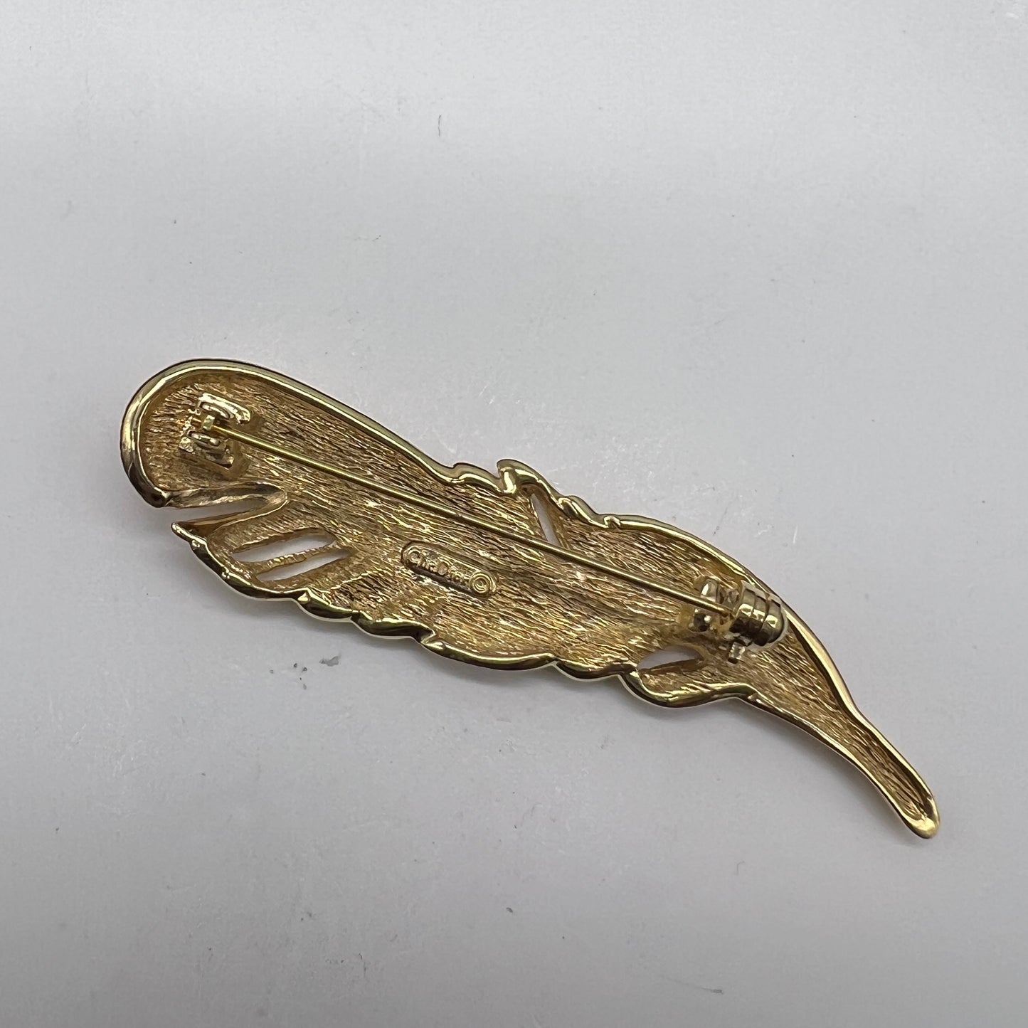 Christian Dior Vintage Golden Feather Shape Rhinestone Brooch