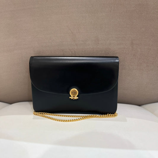 Christian Dior Vintage CD Logo Circle Buckle Black Handbag With Golden Chain