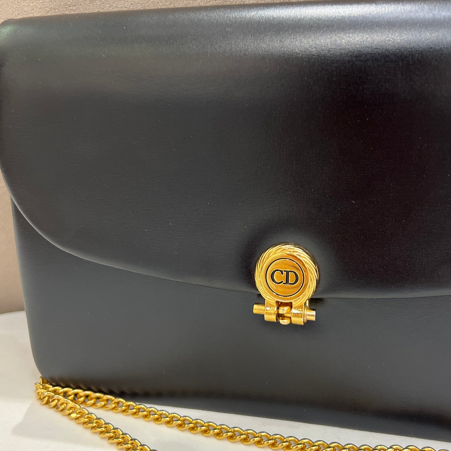 Christian Dior Vintage CD Logo Circle Buckle Black Handbag With Golden Chain