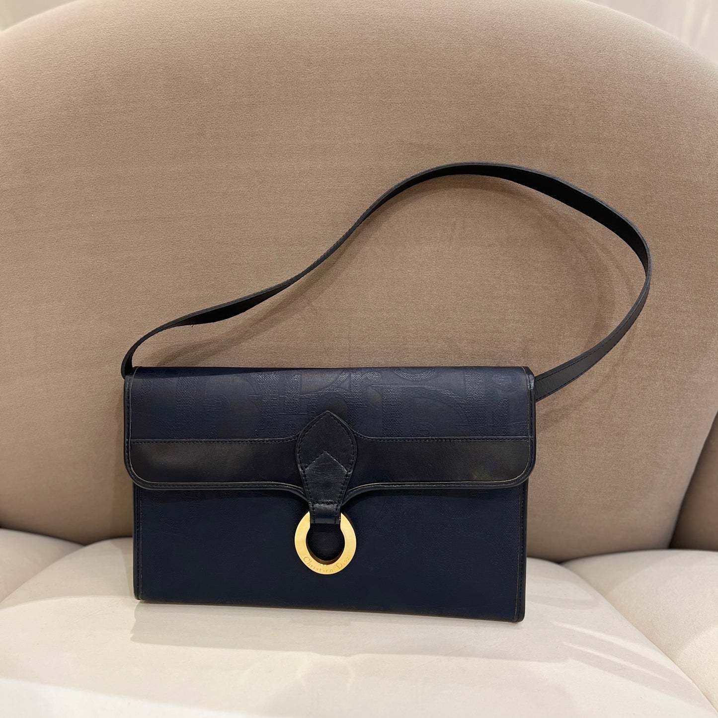 Christian Dior Vintage Oval Dior Golden Buckle With Big Navy Shoulder Bag Navy