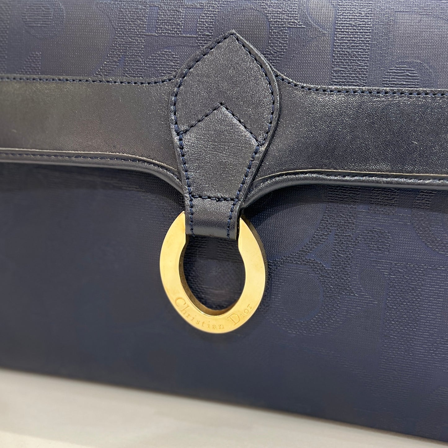 Christian Dior Vintage Oval Dior Golden Buckle With Big Navy Shoulder Bag Navy