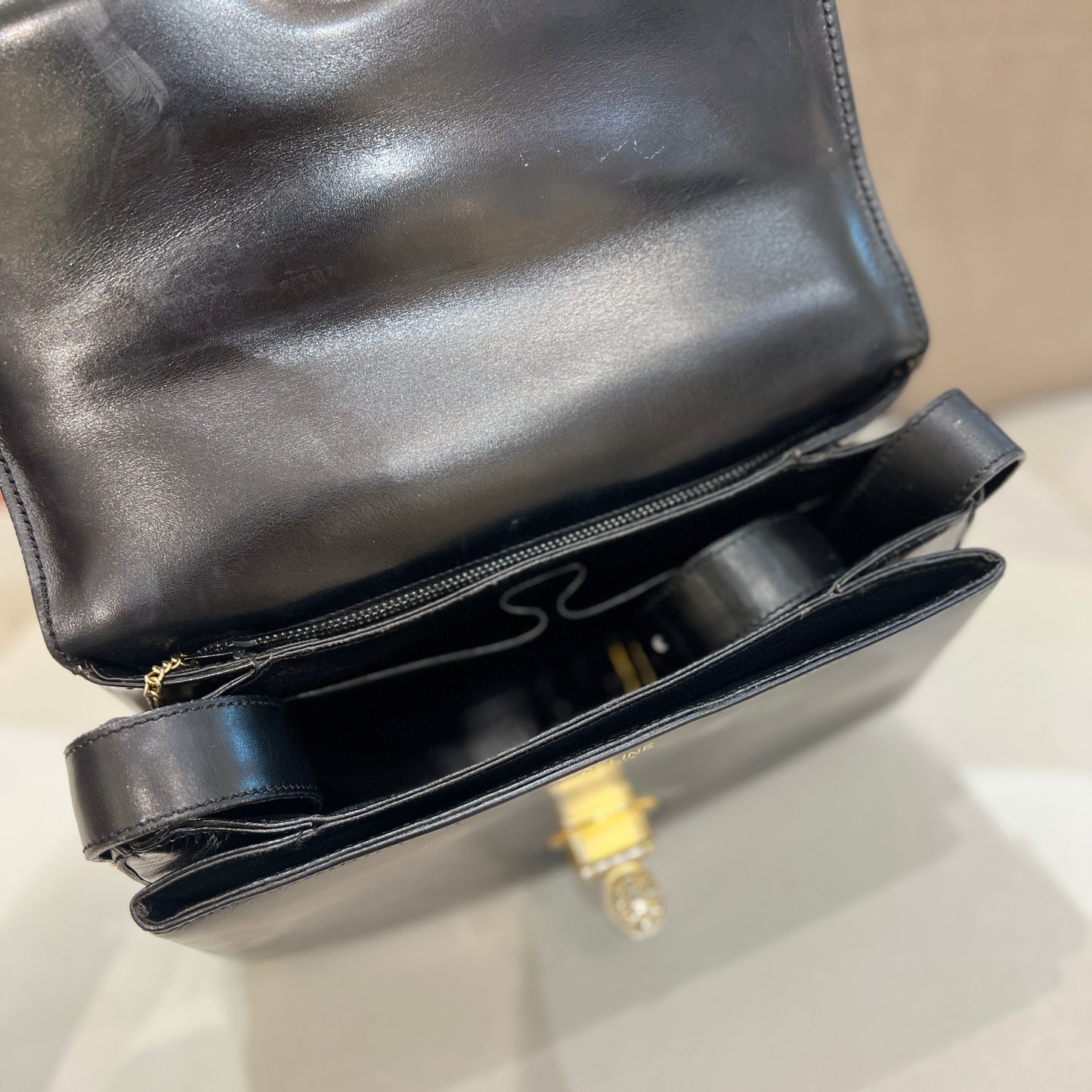 Celine Vintage Golden Flap Buckle With Black Shoulder Bag