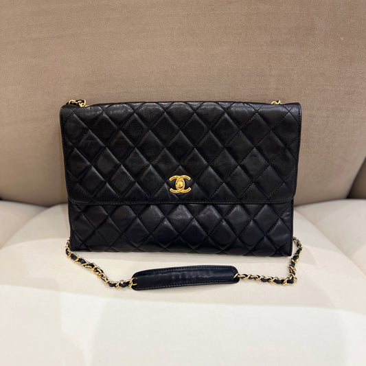 Chanel Vintage CC Golden Logo Black Lambskin Classic Jumbo Shoulder Bag