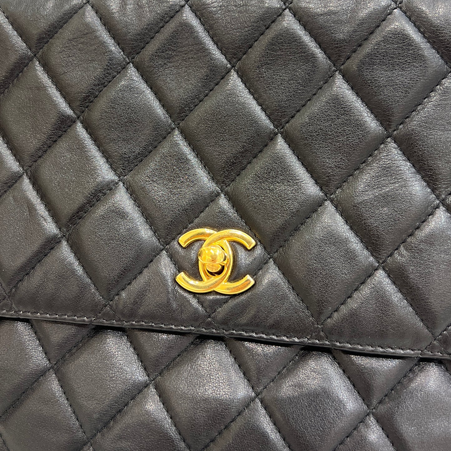 Chanel Vintage CC Golden Logo Black Lambskin Classic Jumbo Shoulder Bag