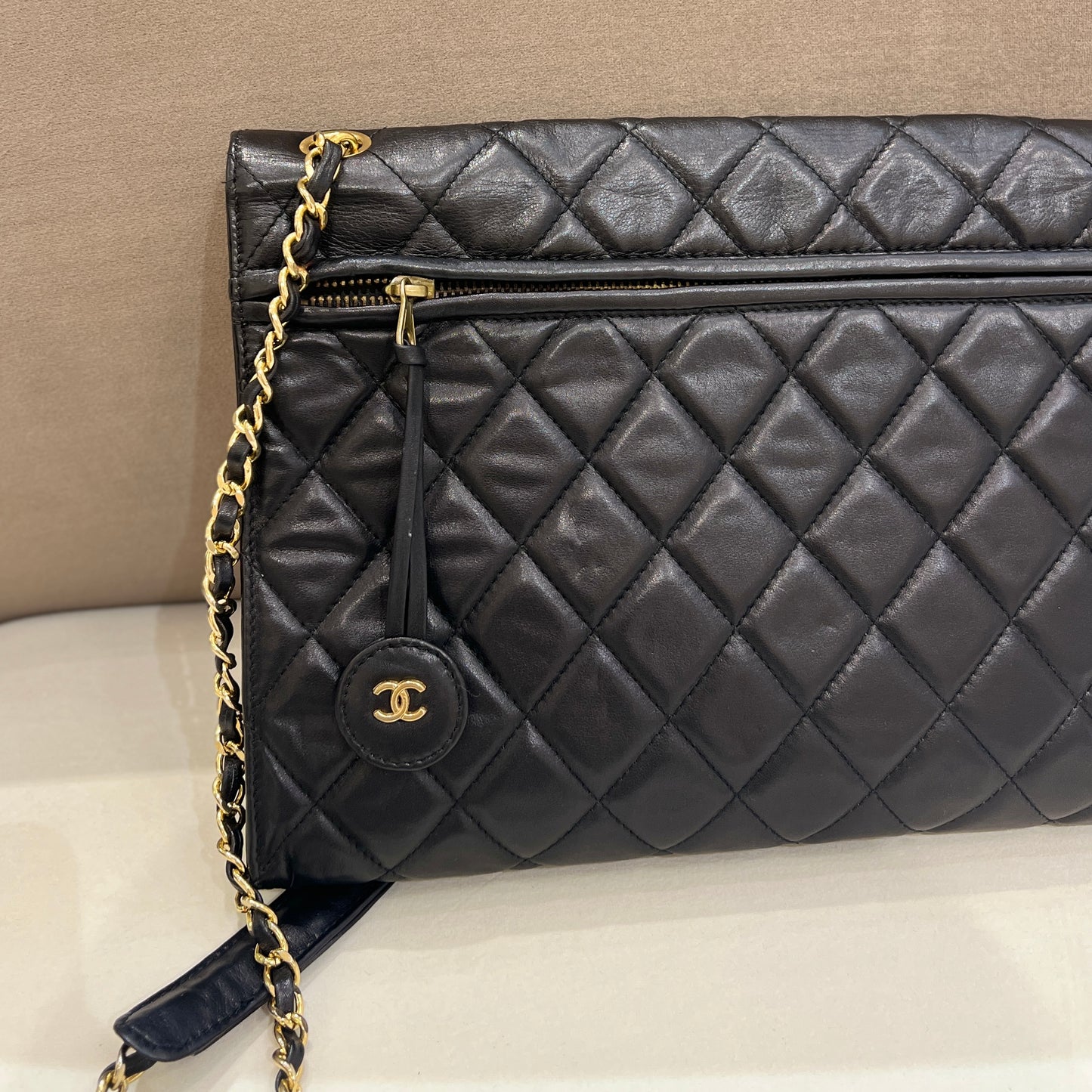 Chanel Vintage CC Golden Logo Black Lambskin Classic Jumbo Shoulder Bag