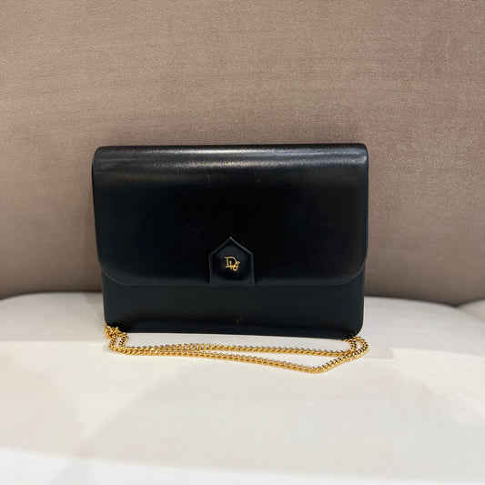 Christian Dior Vintage CD Logo Black Mini Handbag With Golden Chain