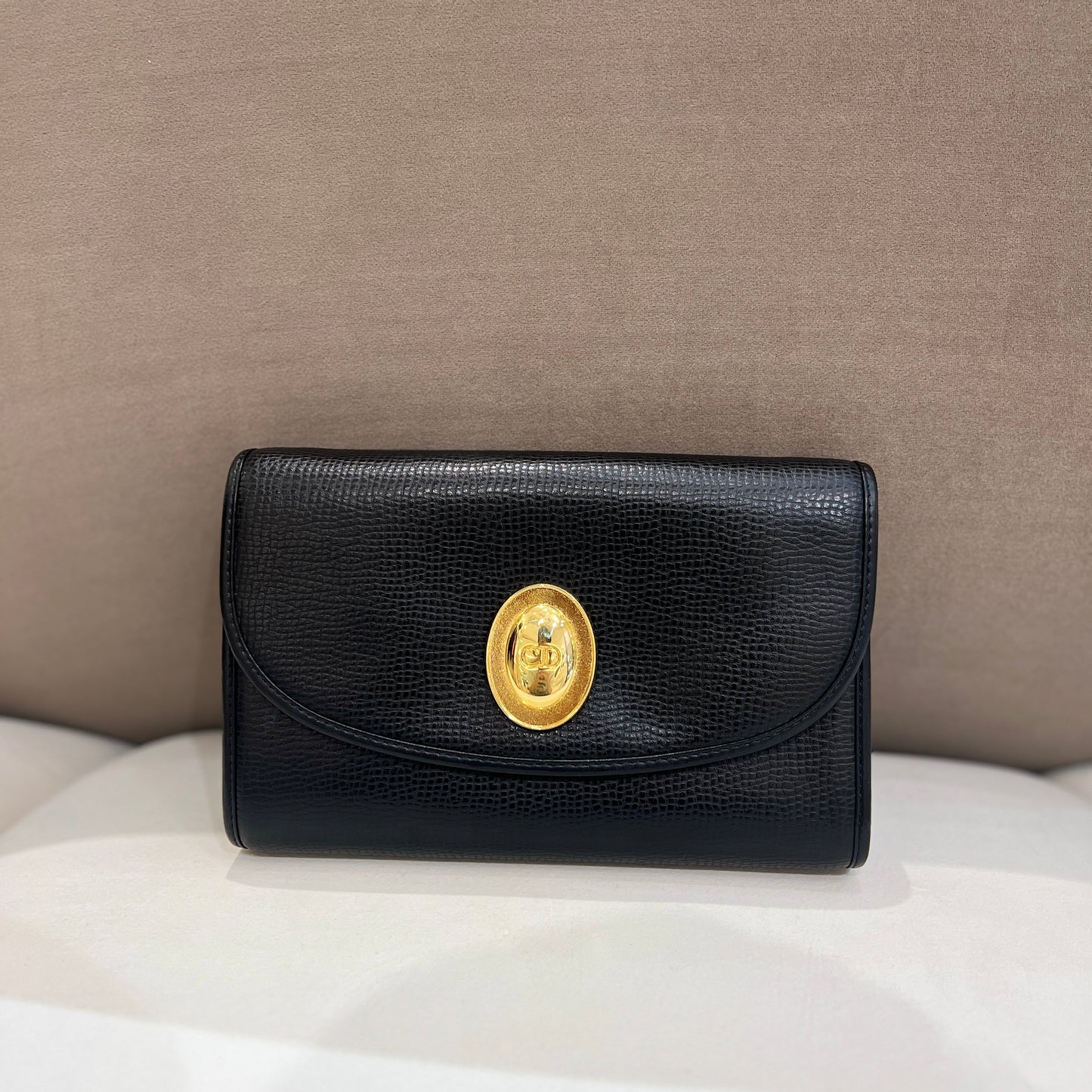 Christian Dior Vintage Golden Oval Buckle Black Calfskin Handbag