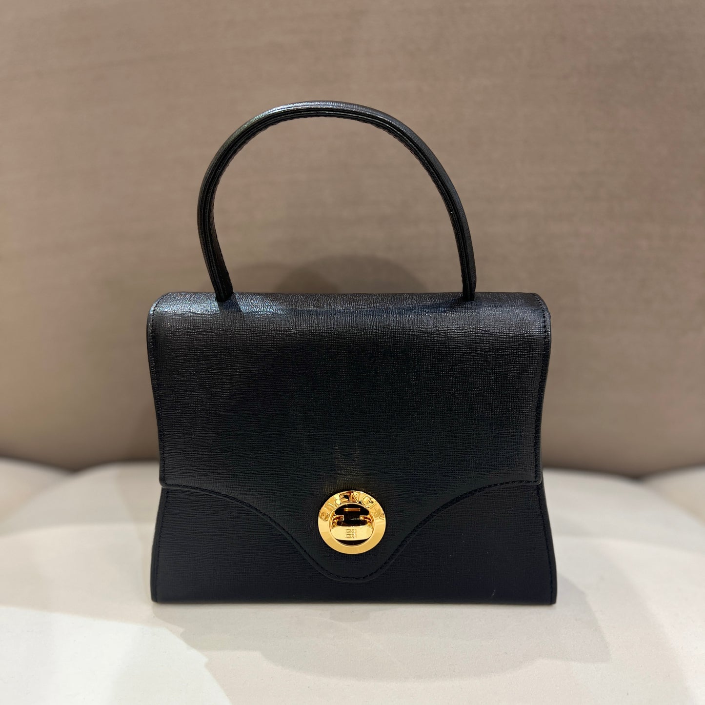 Givenchy Vintage Golden Turn Lock With Black Leather Handbag