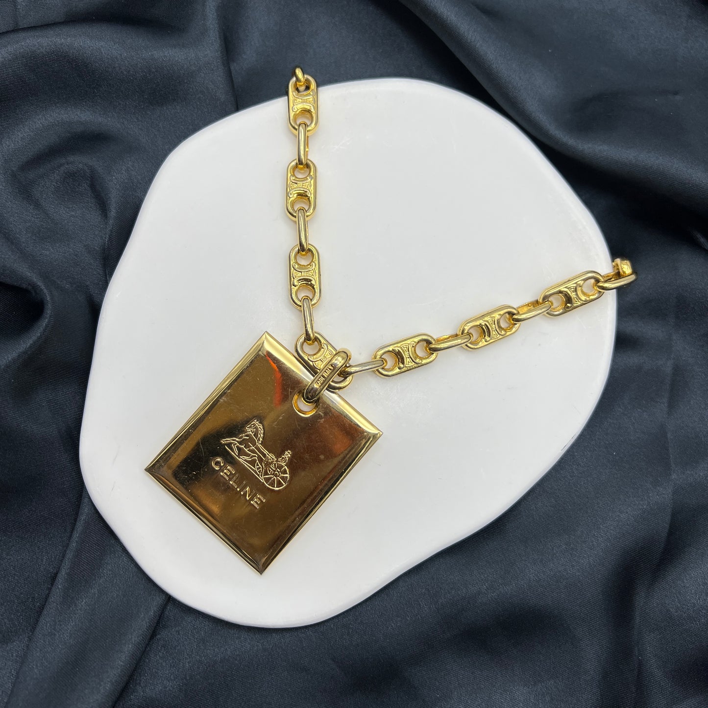 Celine Vintage Macadam Patten Golden Necklace With Carriage Clasp Plate