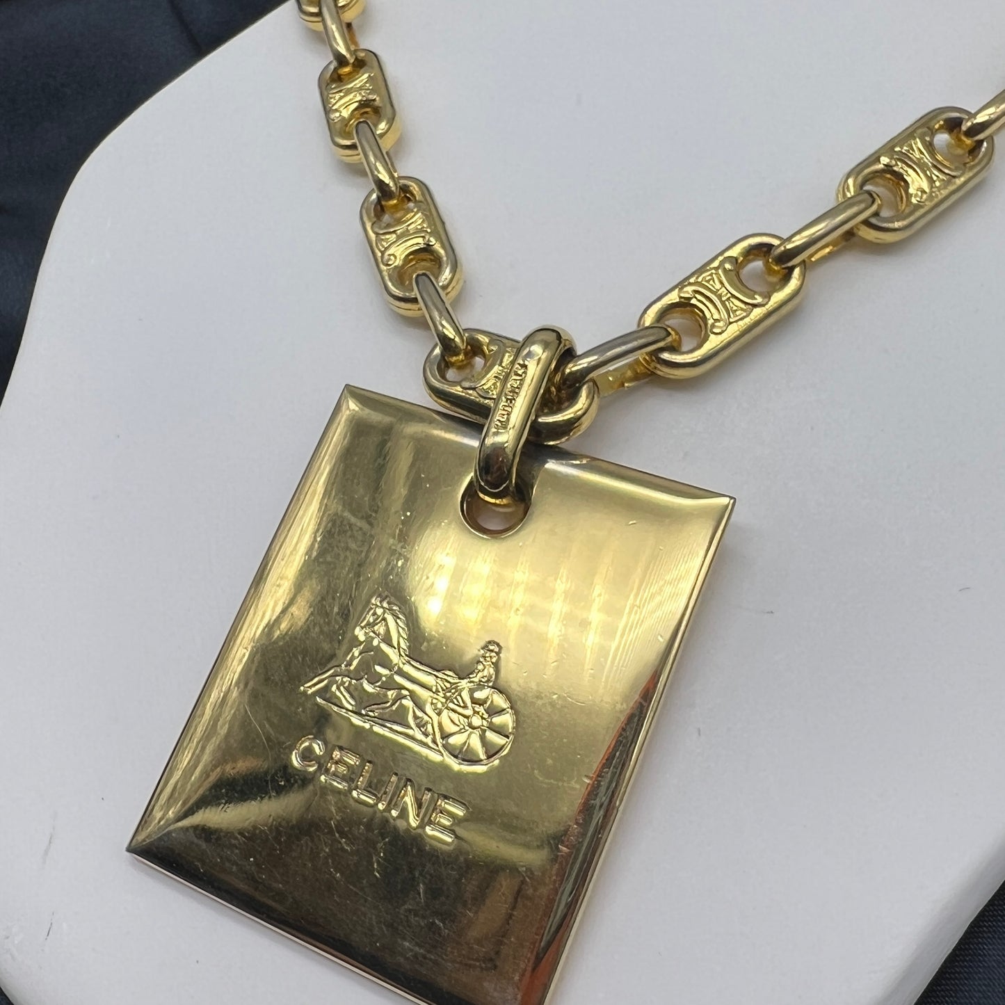 Celine Vintage Macadam Patten Golden Necklace With Carriage Clasp Plate