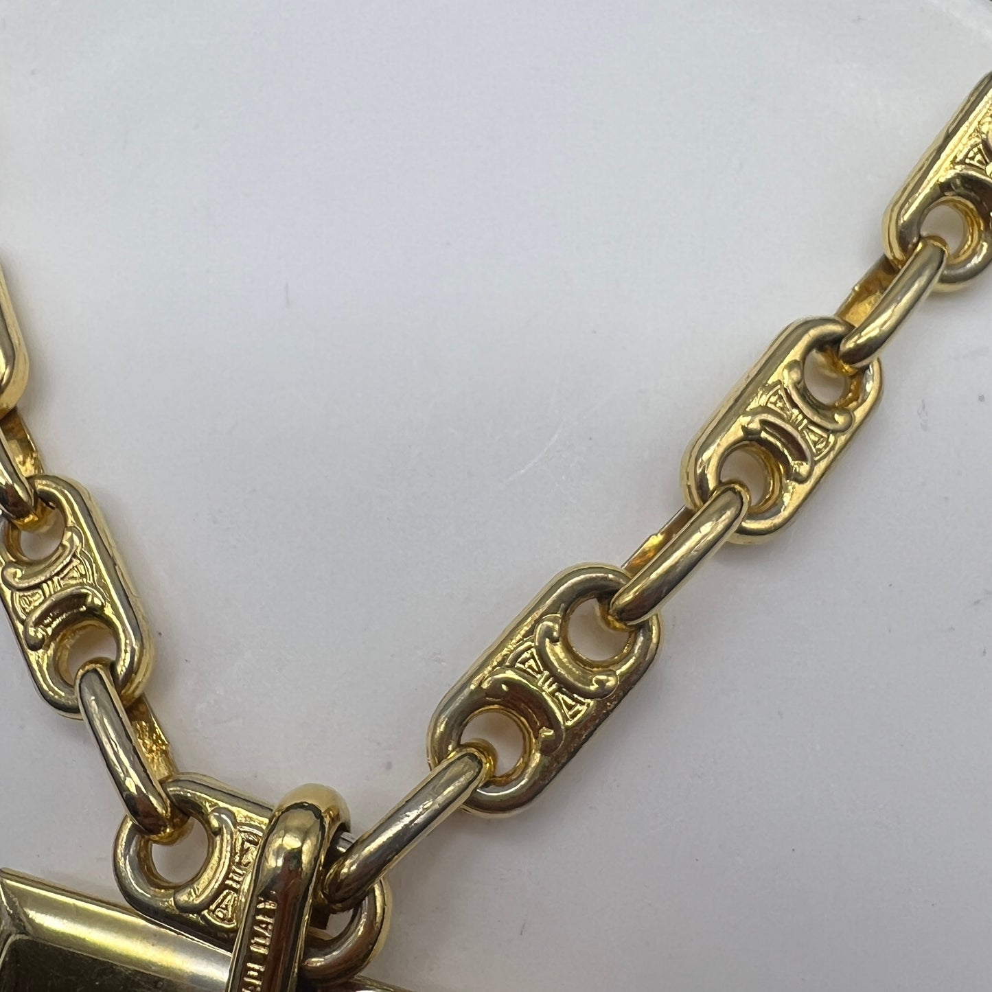 Celine Vintage Macadam Patten Golden Necklace With Carriage Clasp Plate