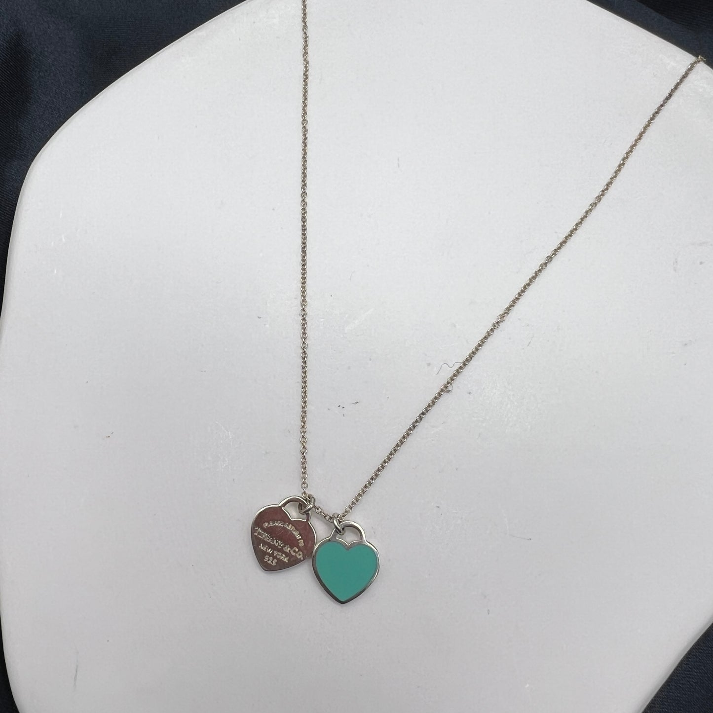 Tiffany Vintage Return To Tiffany Double Heart With Blue Tag Pendant 925 Silver Necklace