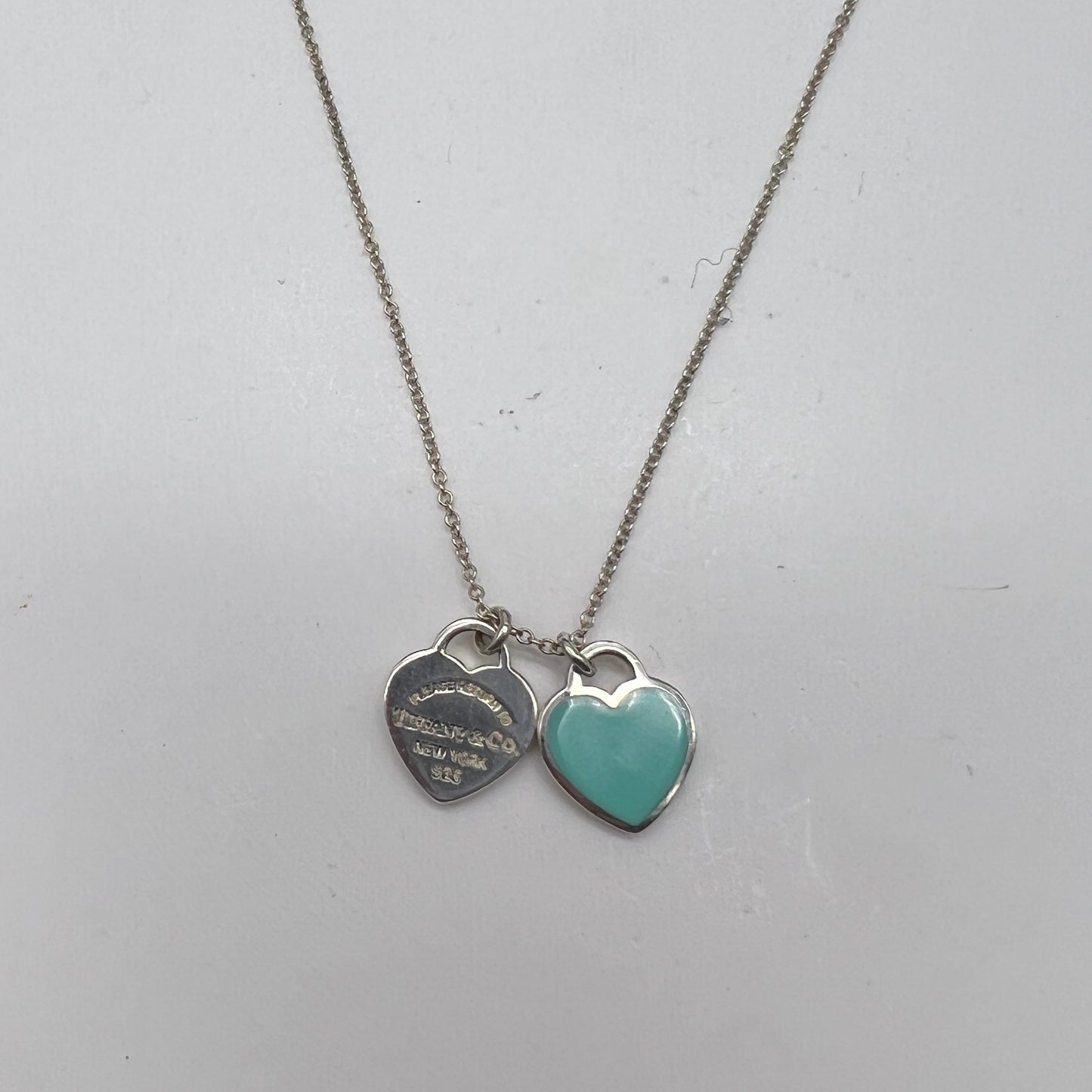 Tiffany Vintage Return To Tiffany Double Heart With Blue Tag Pendant 925 Silver Necklace