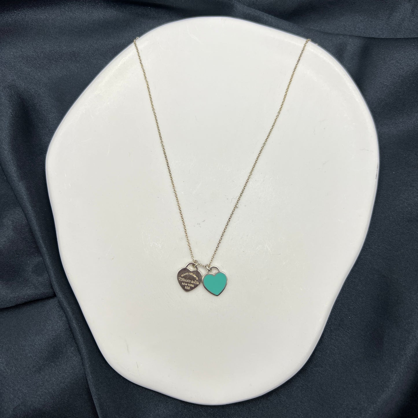 Tiffany Vintage Return To Tiffany Double Heart With Blue Tag Pendant 925 Silver Necklace