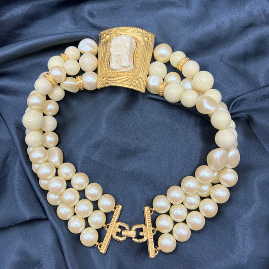 Givenchy Vintage Large Pearl With White Stone Golden Necklace