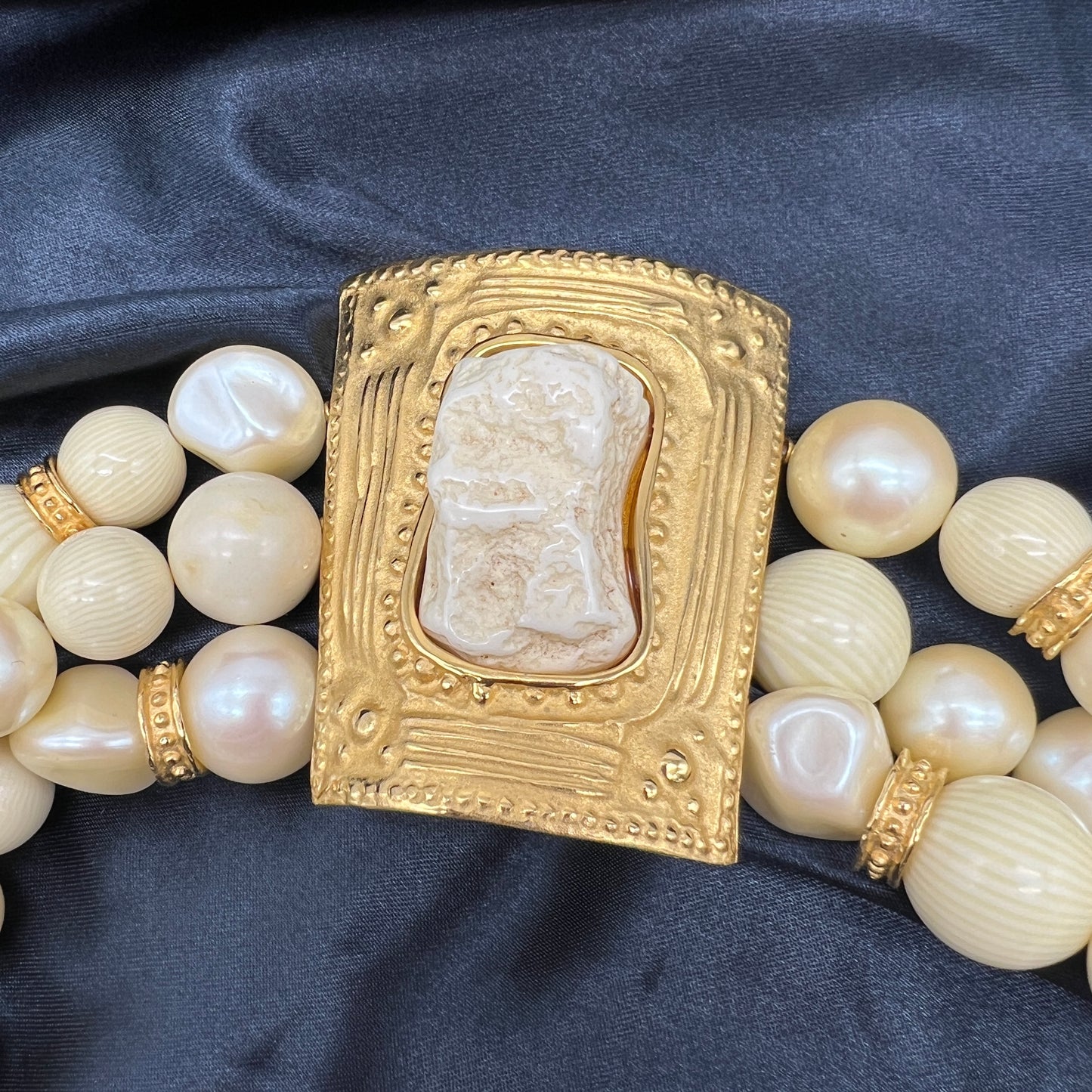 Givenchy Vintage Large Pearl With White Stone Golden Necklace