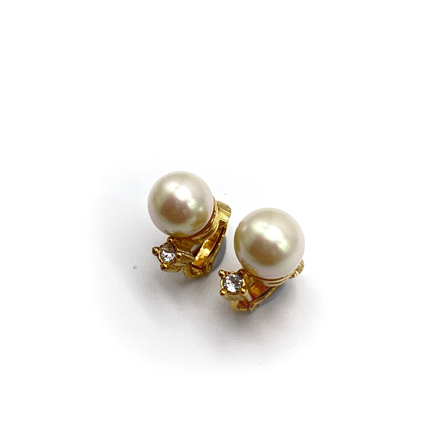 Christian Dior Vintage Rhinestone With Pearl Golden Clip-On Earrings