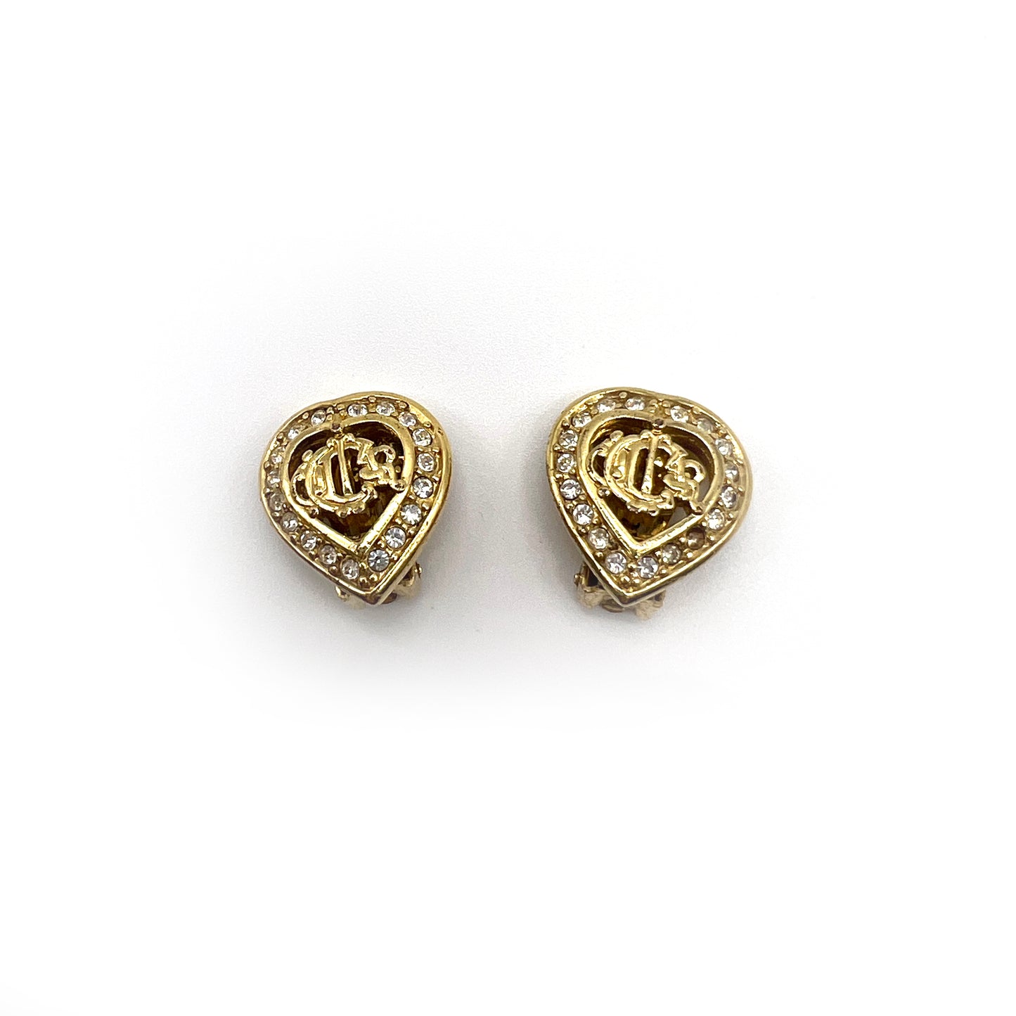 Christian Dior Vintage Dior Logo In Heart Shape Rhinestone Clip-On Earrings