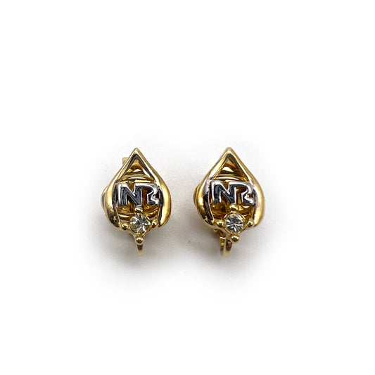 Nina Ricci Vintage Nr Logo With Rhinestone Golden Rain Drop Clip-On Earrings