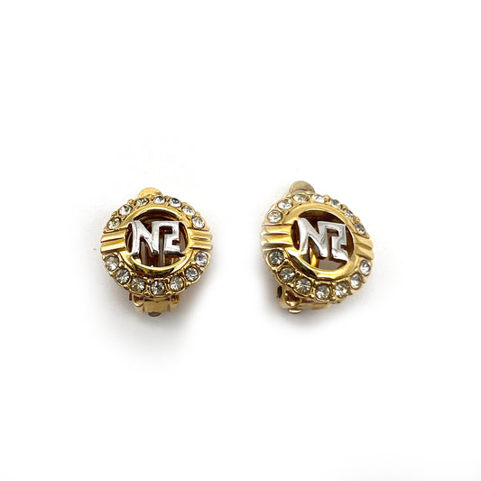 Nina Ricci Vintage Nr Logo With Rhinestone Golden Clip-On Earrings