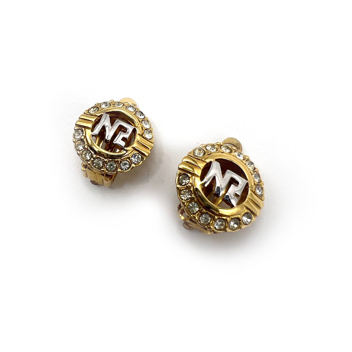 Nina Ricci Vintage Nr Logo With Rhinestone Golden Clip-On Earrings