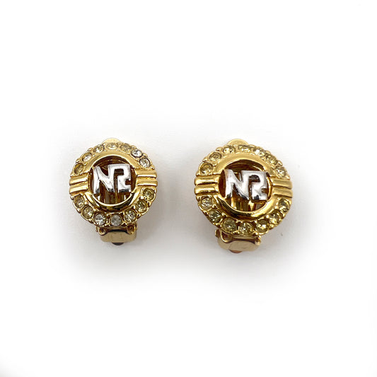 Nina Ricci Vintage Nr Logo With Rhinestone Golden Circle Clip-On Earrings