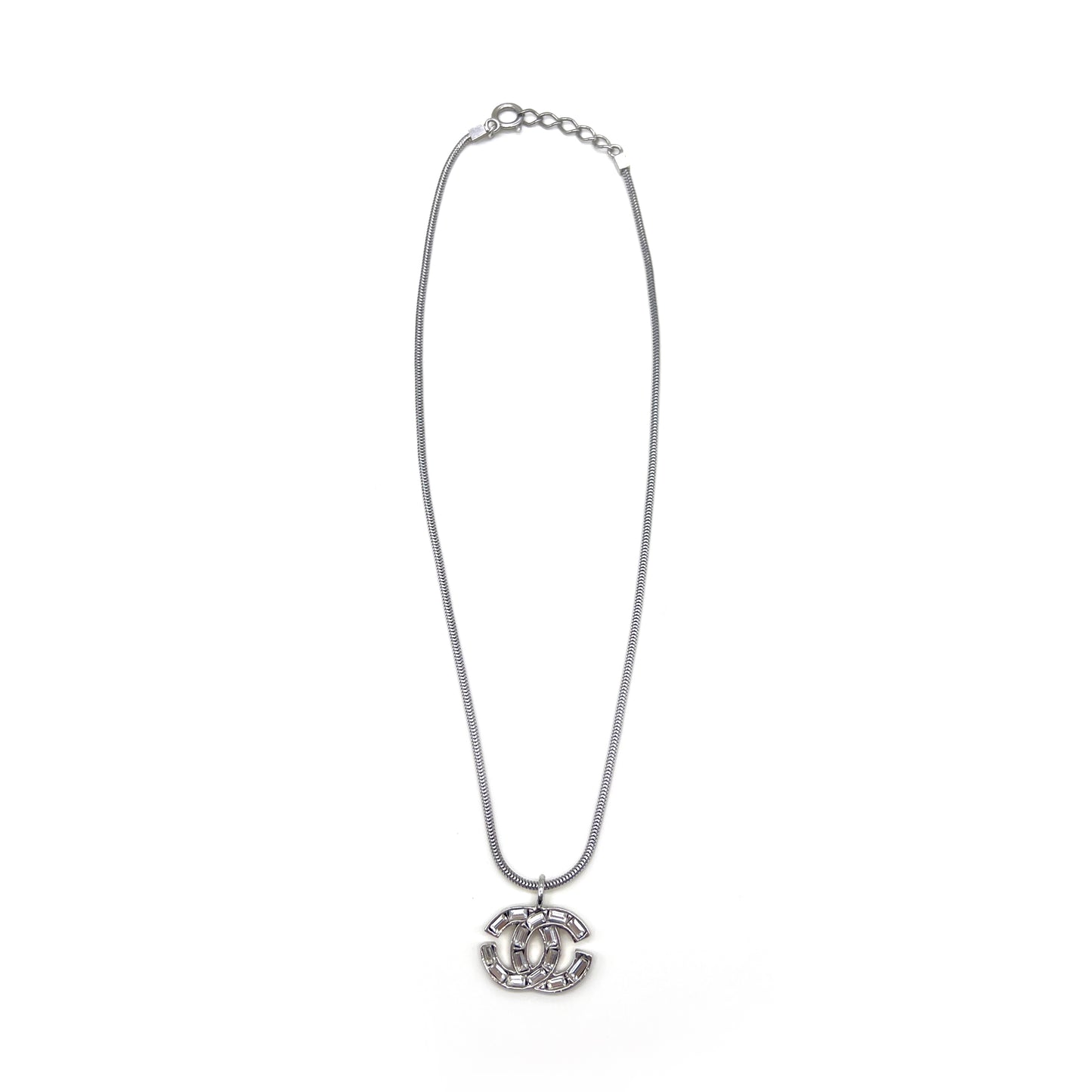 Chanel Vintage CC Logo Rhinestone In Silver Necklace