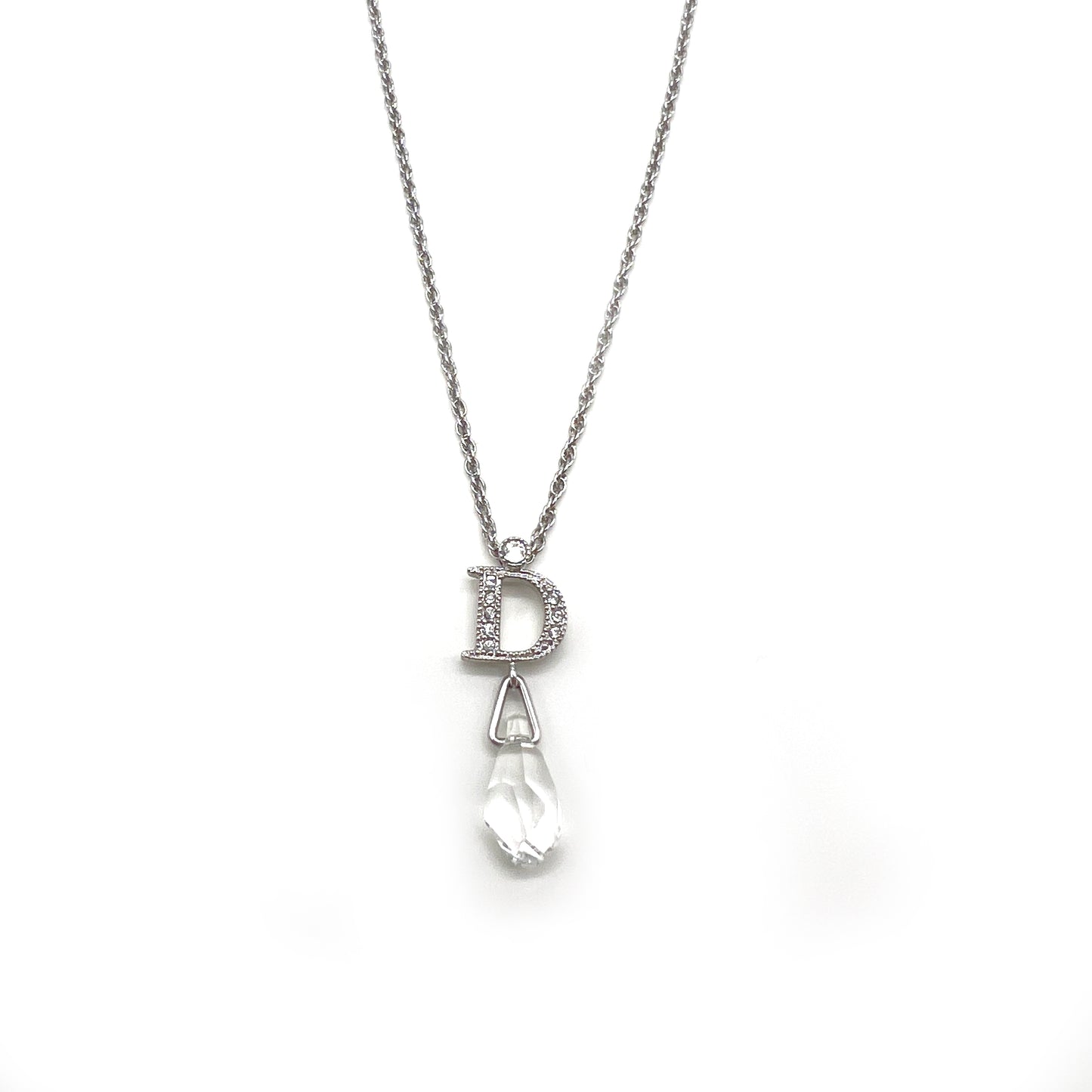 Christian Dior Vintage D Logo Rhinestone Silver Rain Drop Necklace