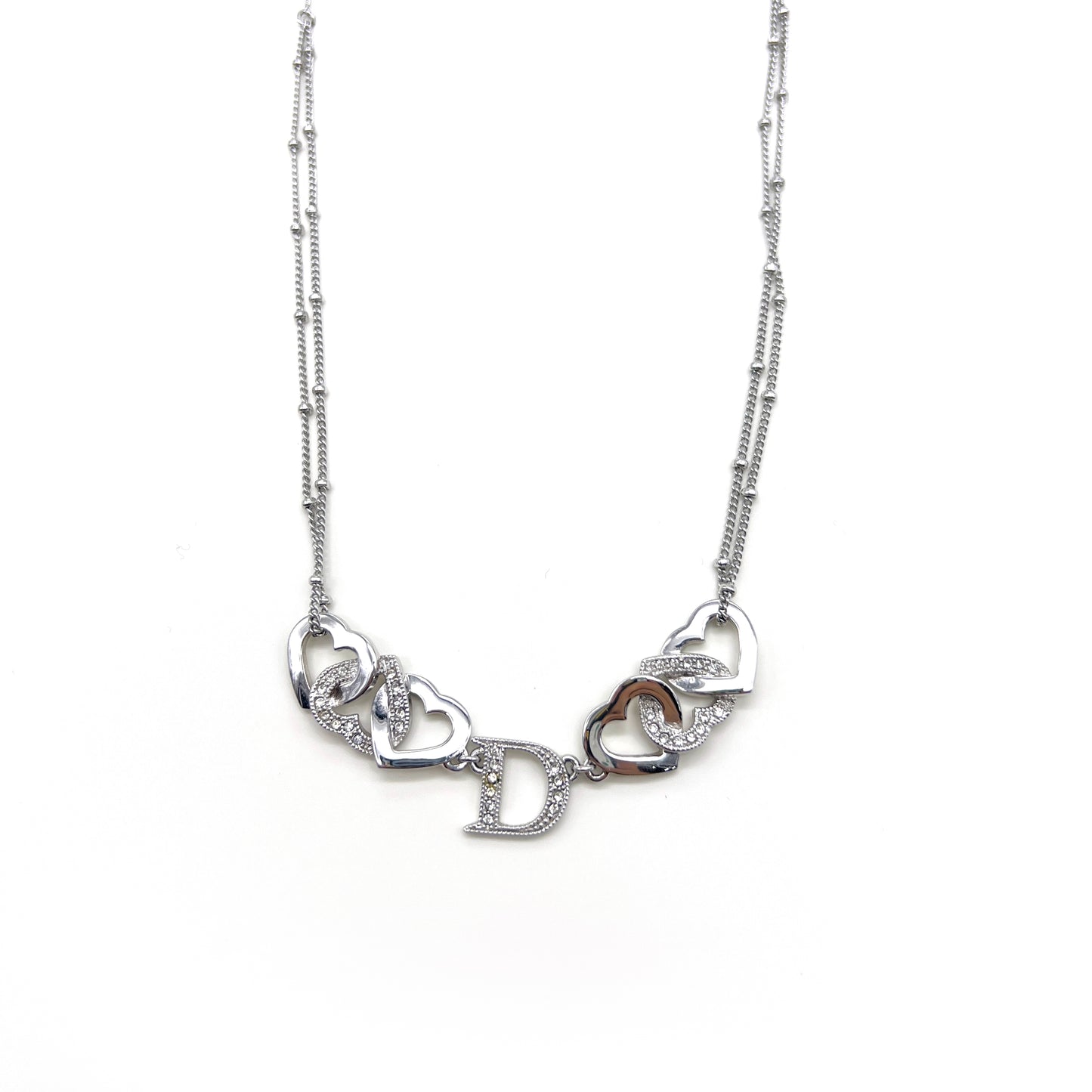 Christian Dior Vintage D Logo with Silver Hearts Necklace