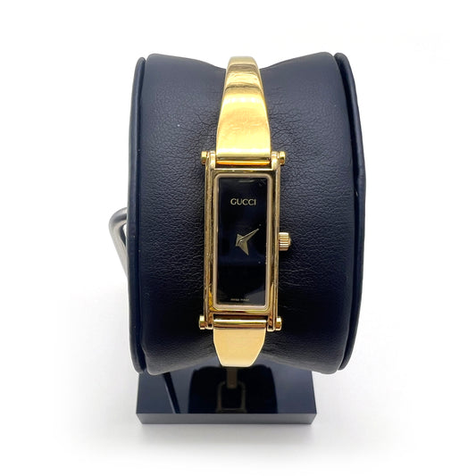 Gucci Vintage 1500L Black Face Rectangle Golden Steel Bangle Watch