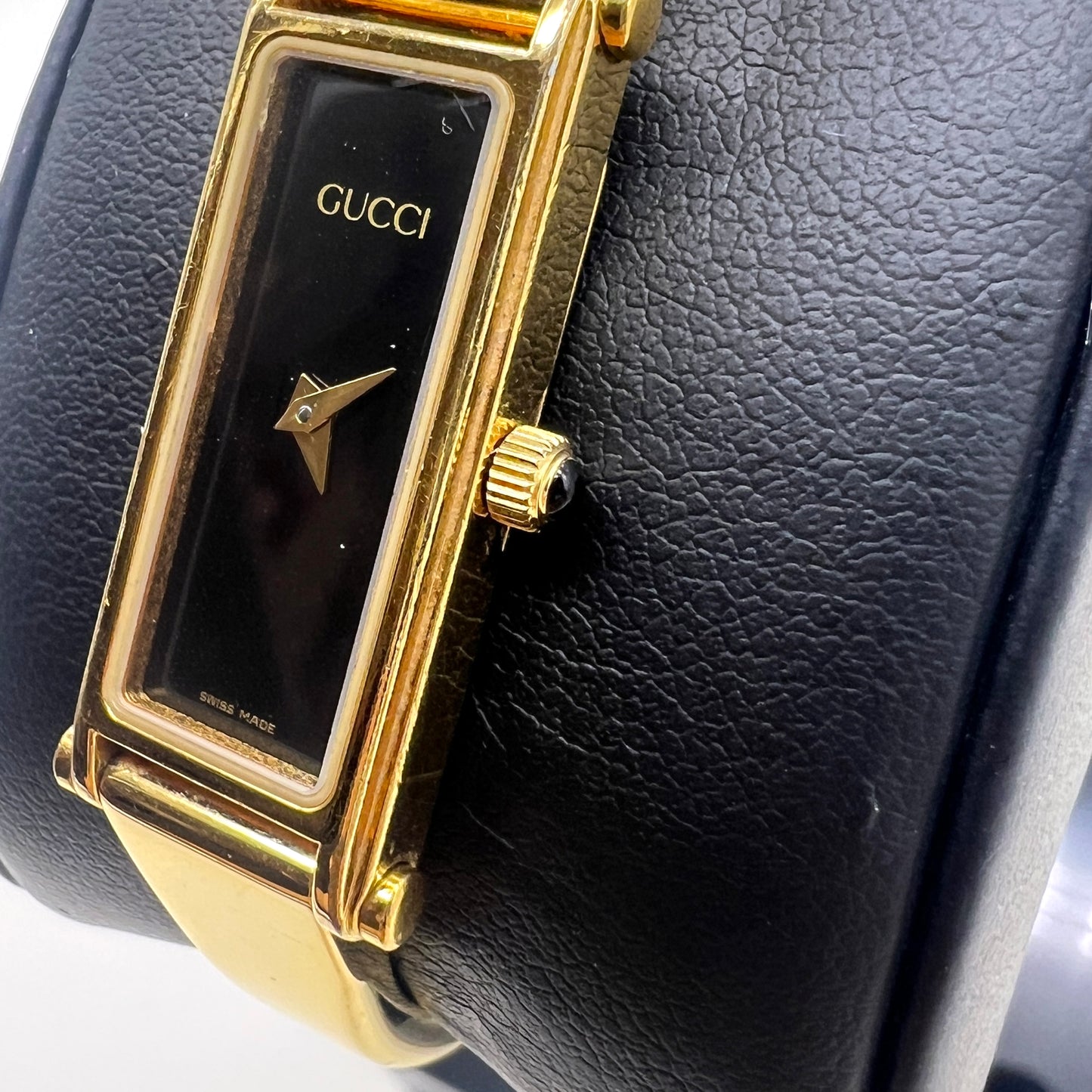 Gucci Vintage 1500L Black Face Rectangle Golden Steel Bangle Watch