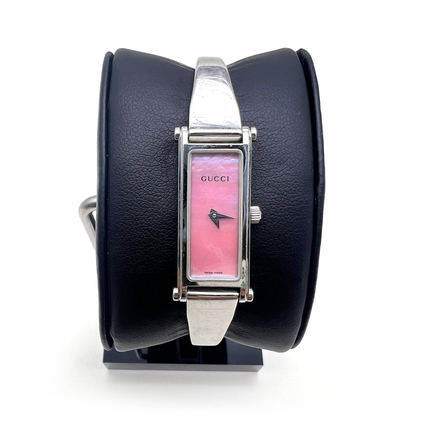 Gucci Vintage Silver Dial with Pink Shell Rectangle Face 1500L Stainless Steel Bangle Watch