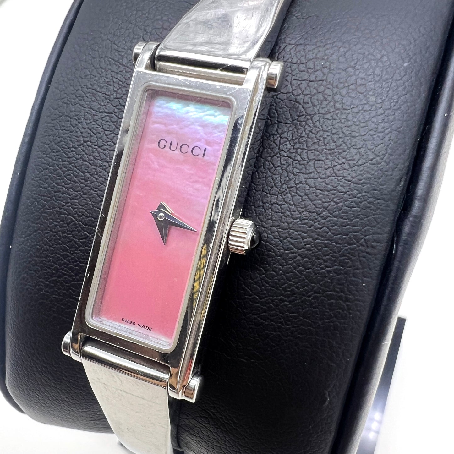 Gucci Vintage Silver Dial with Pink Shell Rectangle Face 1500L Stainless Steel Bangle Watch