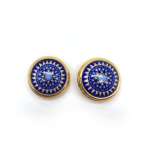 Hermes Vintage Blue Circle Golden Clip-On Earrings