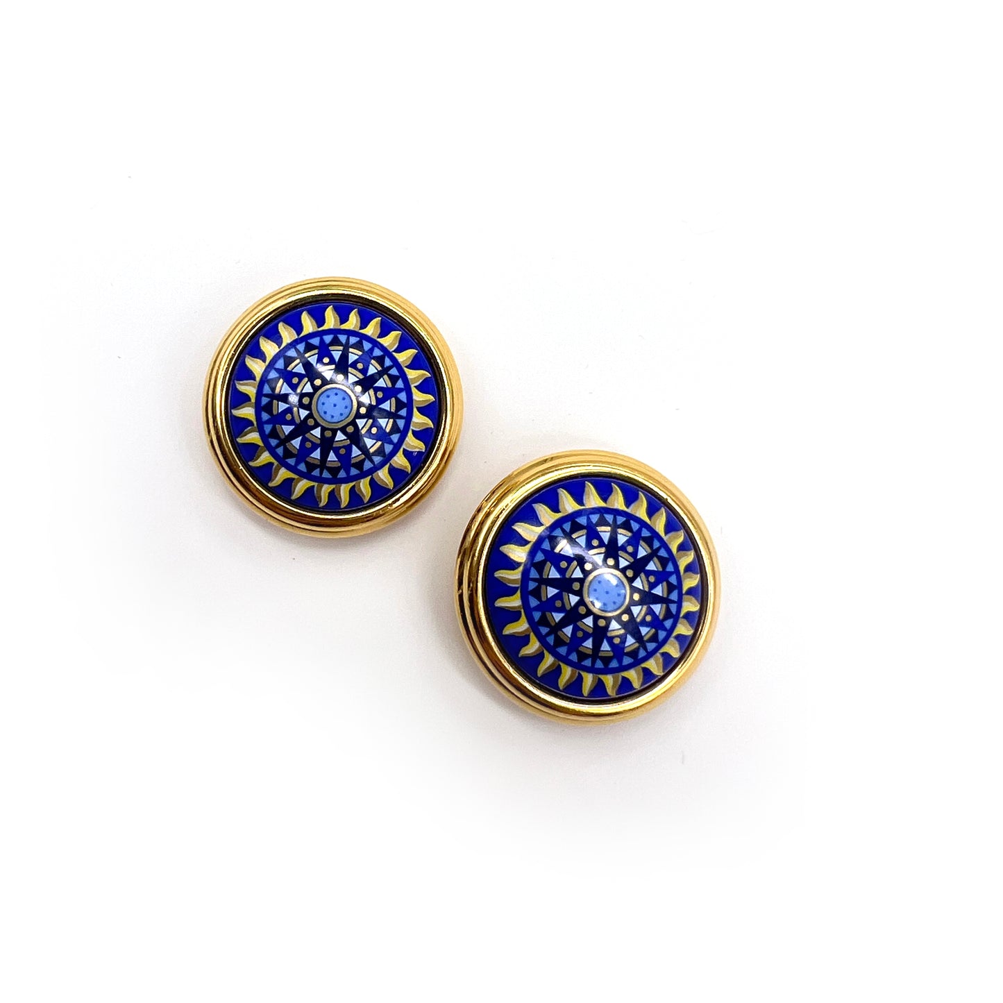 Hermes Vintage Blue Circle Golden Clip-On Earrings