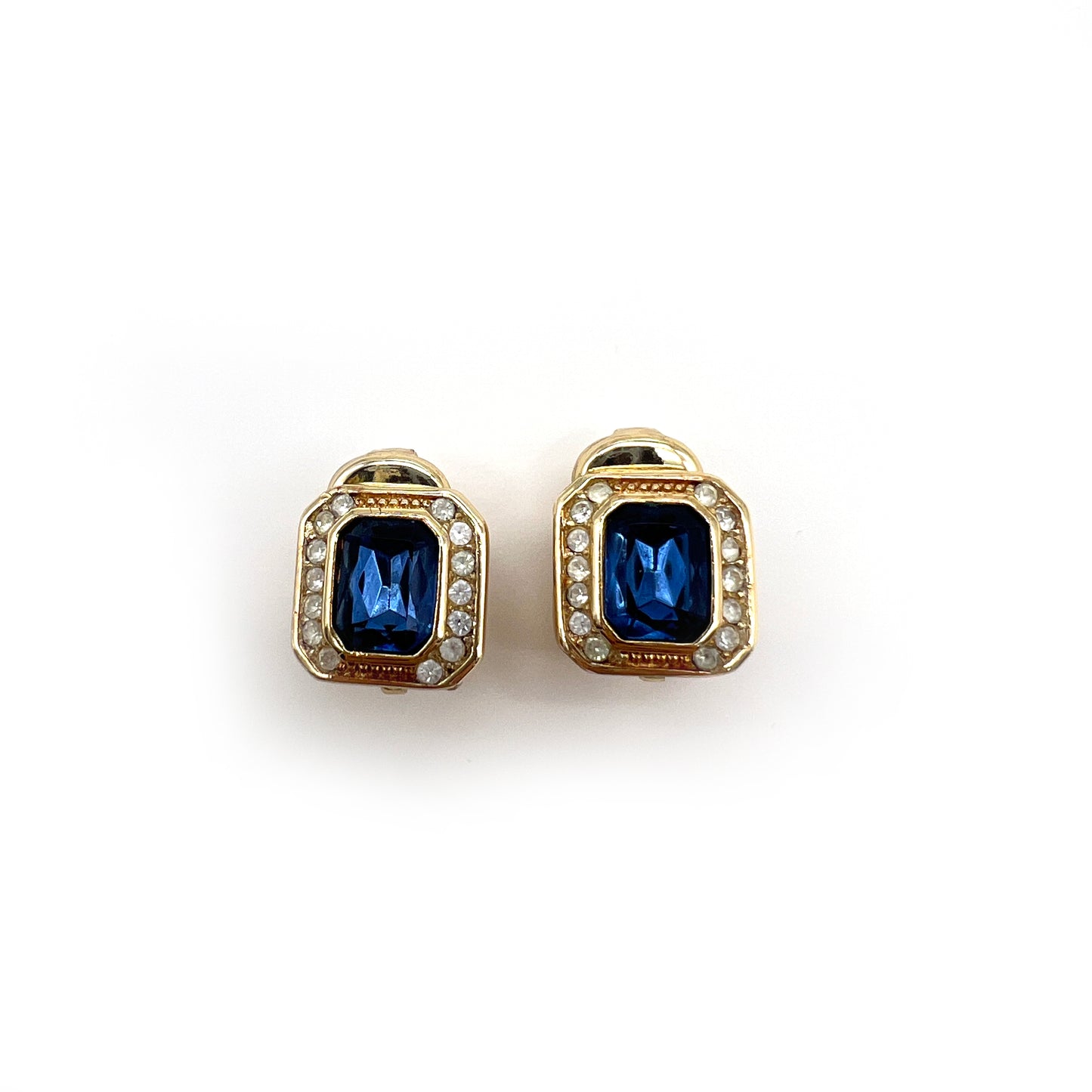 Christian Dior Vintage Blue Color Stone And Rhinestone In Golden Clip-On Earrings