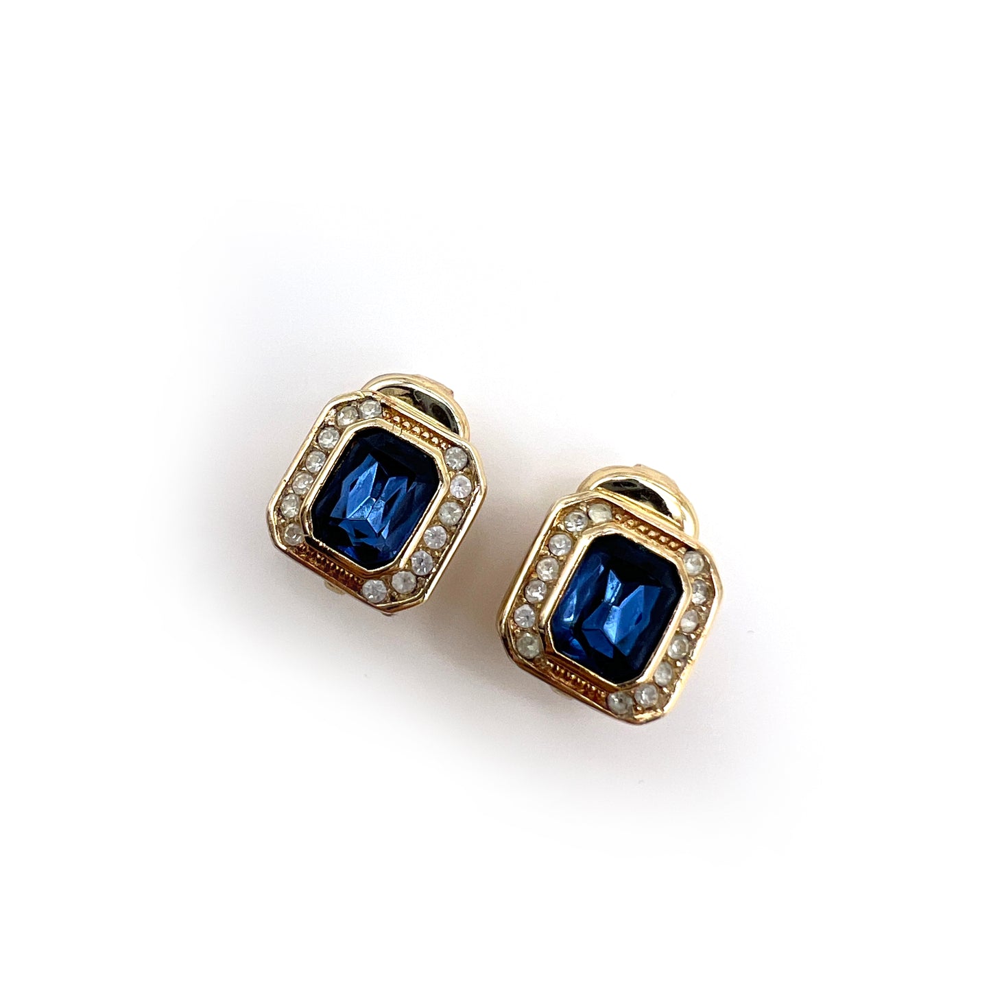 Christian Dior Vintage Blue Color Stone And Rhinestone In Golden Clip-On Earrings