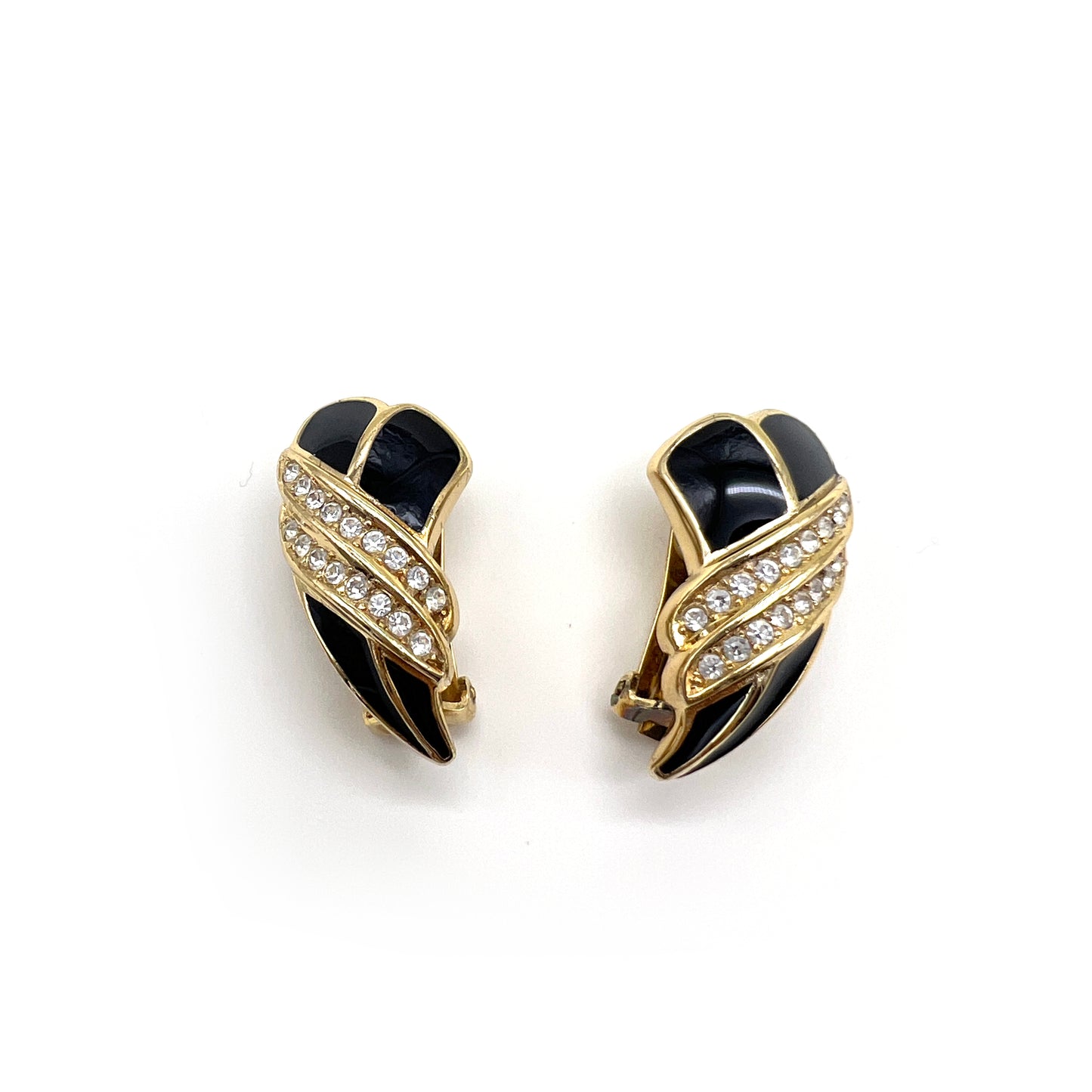 Christian Dior Vintage Black With Rhinestone Golden Clip-On Earrings